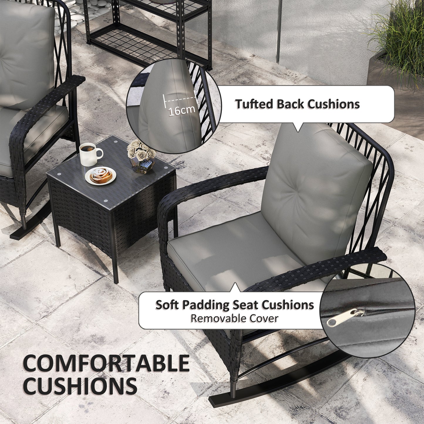 Rattan Bistro Set Balcony Furniture with Rocking Chairs, Black