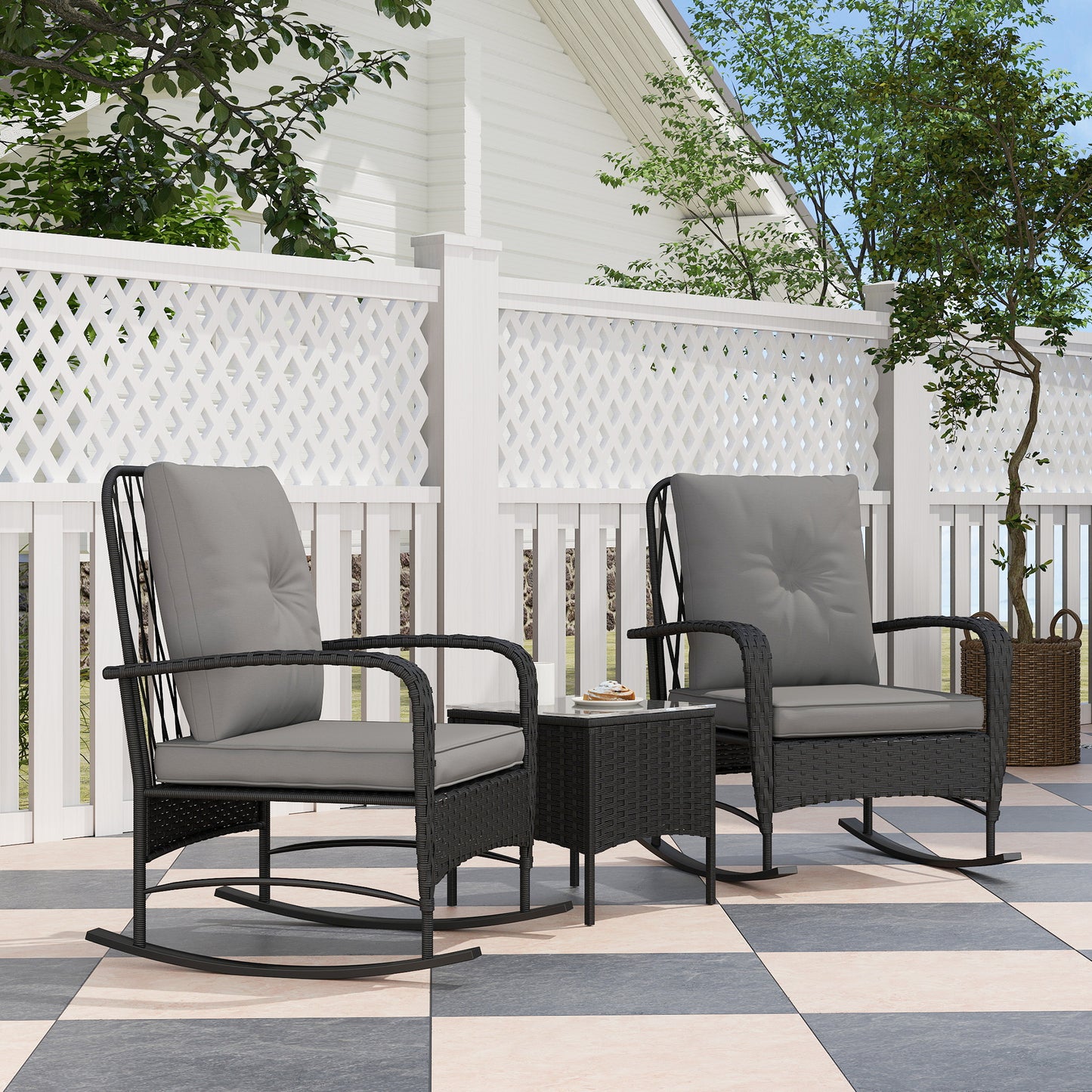 Rattan Bistro Set Balcony Furniture with Rocking Chairs, Black