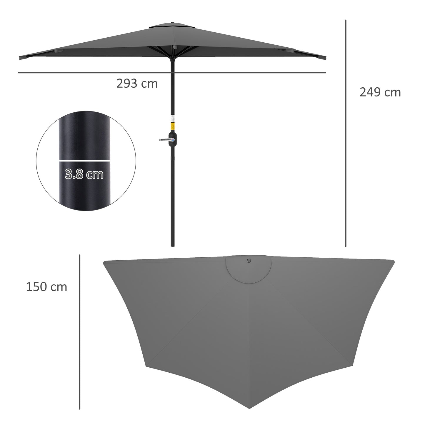 3(m) Half Round Parasol Garden Sun Umbrella w/ Crank Dark Grey
