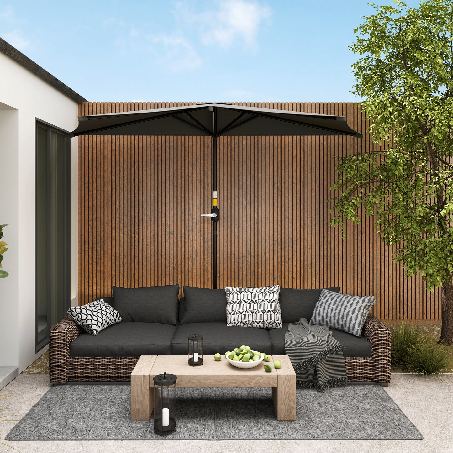 3(m) Half Round Parasol Garden Sun Umbrella w/ Crank Dark Grey