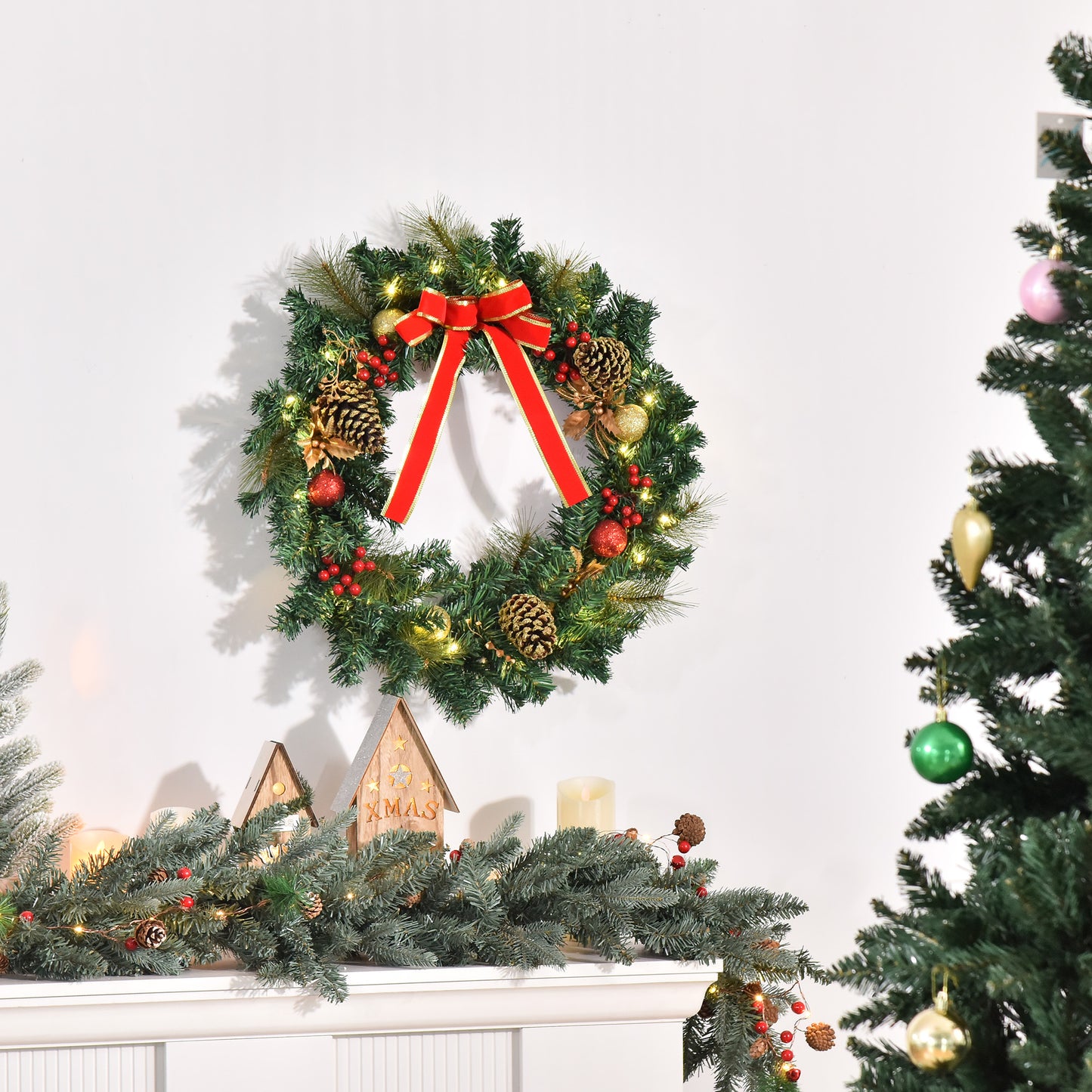 Pre-Lit Artificial Christmas Door Wreath Holly Garland Decor 20 LED