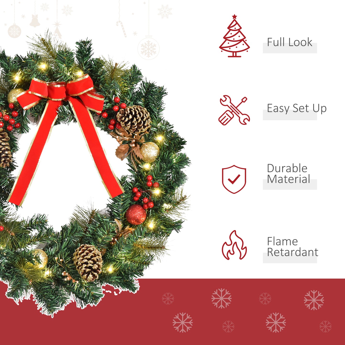 Pre-Lit Artificial Christmas Door Wreath Holly Garland Decor 20 LED