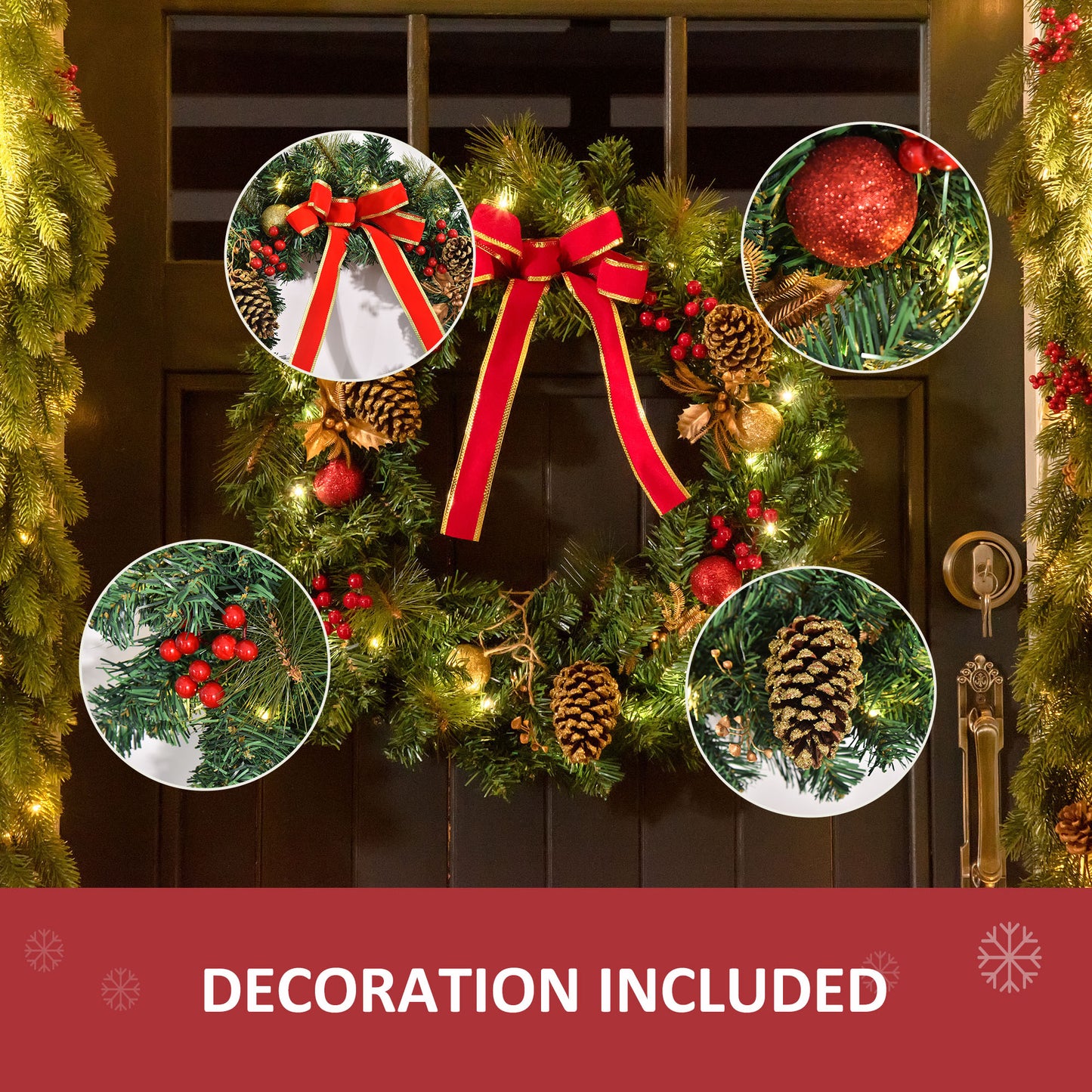 Pre-Lit Artificial Christmas Door Wreath Holly Garland Decor 20 LED