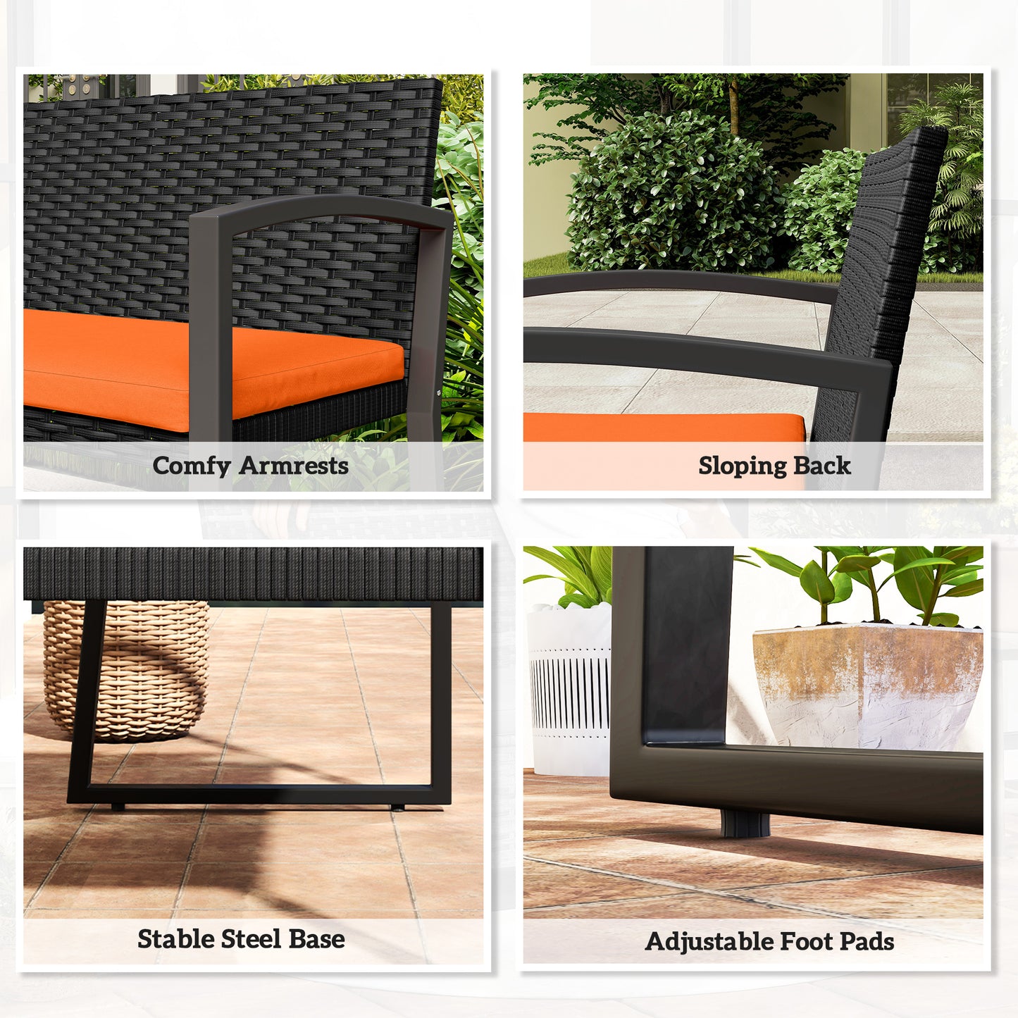2 Seater Rattan Garden Bench with Cushion, Steel Frame, Orange