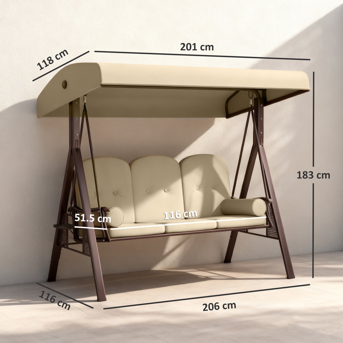3 Seater Garden Swing Chair Patio Swing Bench w/ Cup Trays Brown
