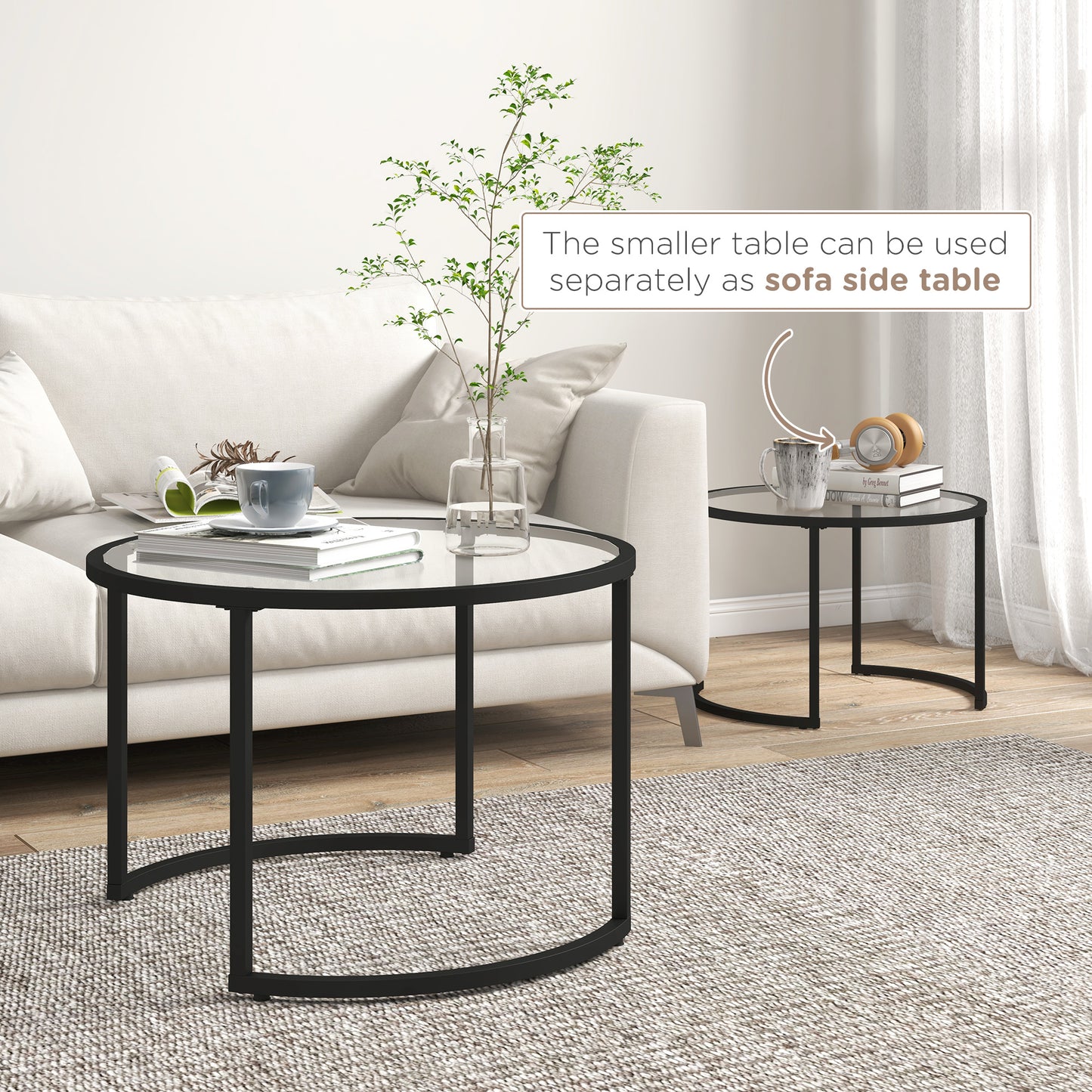 Glass Coffee Table Set of 2, Round Nest of Tables for Living Room
