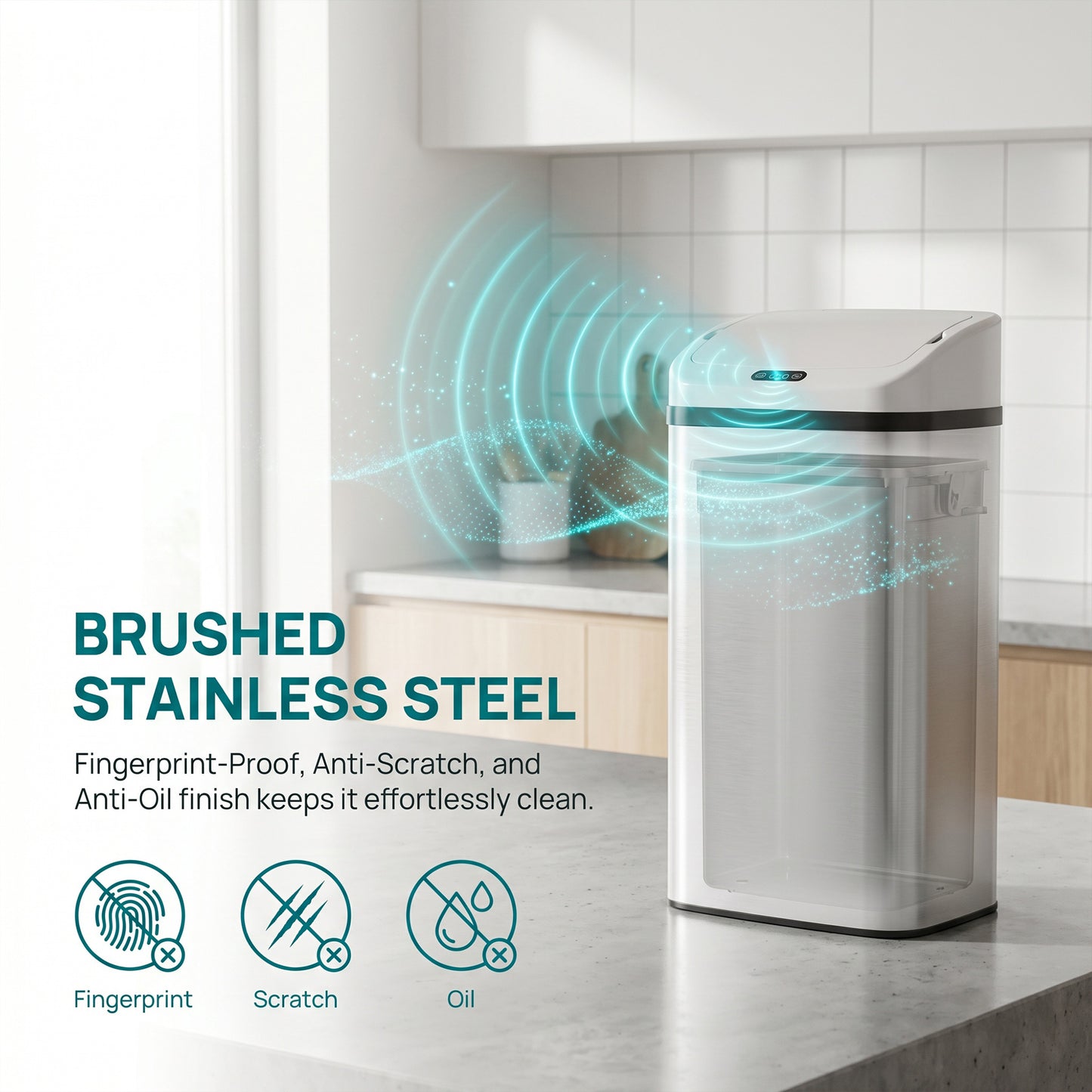 48L Sensor Bin, Stainless Steel Kitchen Bin with Automatic Soft Close Lid and Fingerprint-Proof for Recycling and Waste, White