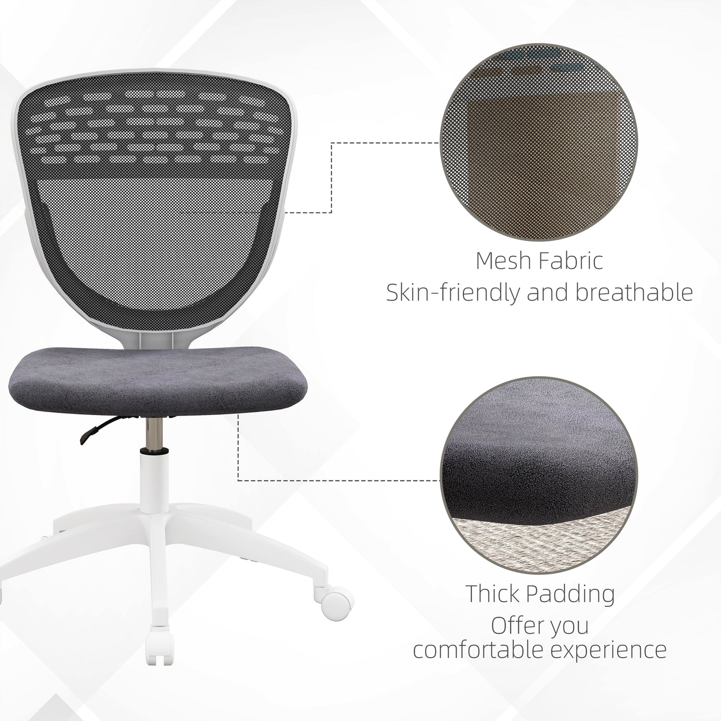 Armless Desk Chair, Mesh Office Chair, Height Adjustable with Swivel Wheels, Grey