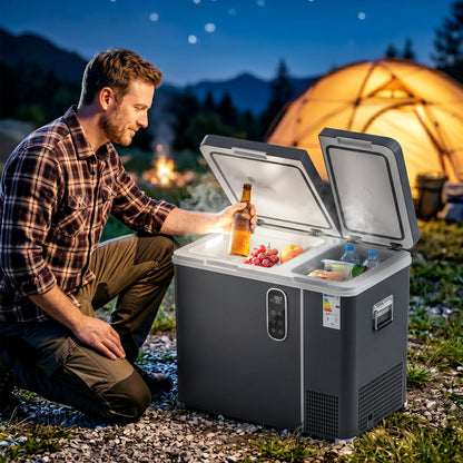 55L Compressor Car Fridge Freezer, Dual Zone Camping Refrigerator with App Control, 12/24V DC and 100-240V AC, Portable Electric Cool Box with Foldable Handle, Truck, Campervan, RV, Boat