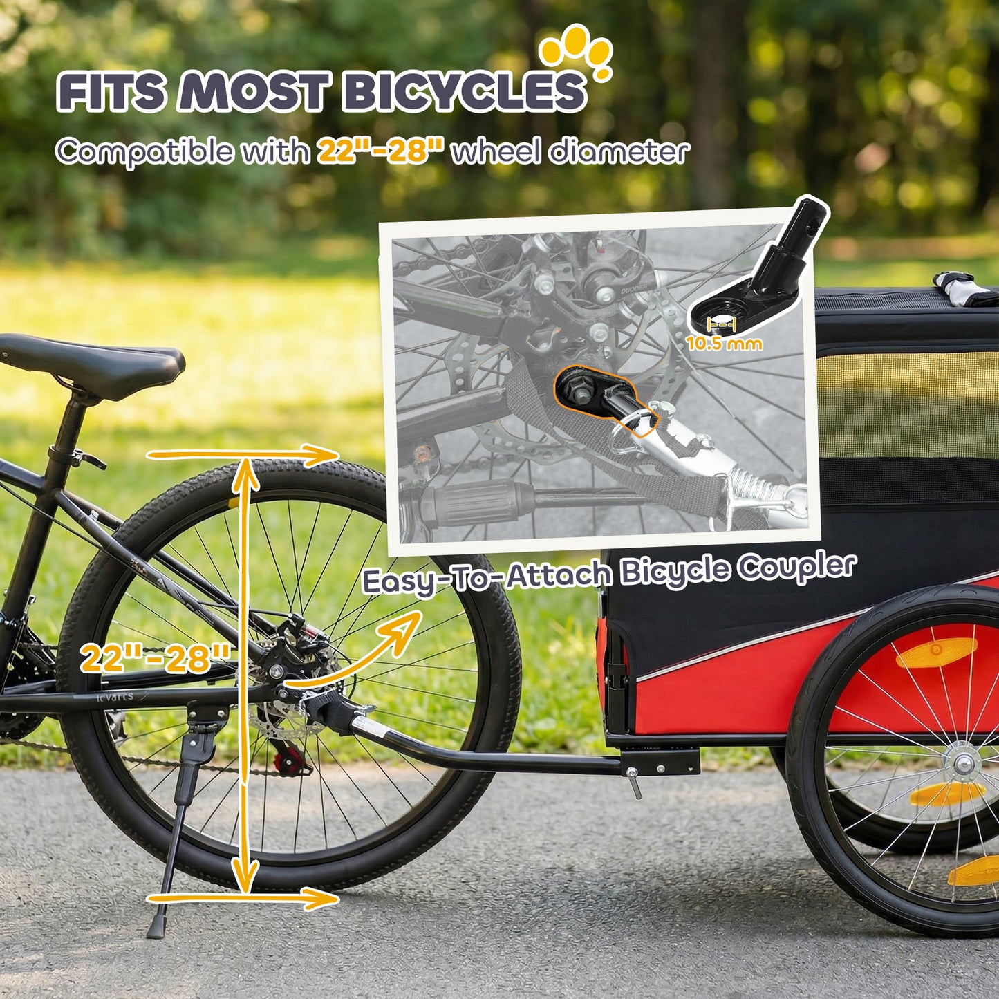 Dog Bike Trailer, Pet Cart Bicycle Carrier for Small and Medium Pets with 20" Inflatable Rubber Wheels, Universal Bicycle Coupler, Reflectors, Flag, Internal Leash, Support Up to 20kg, Red