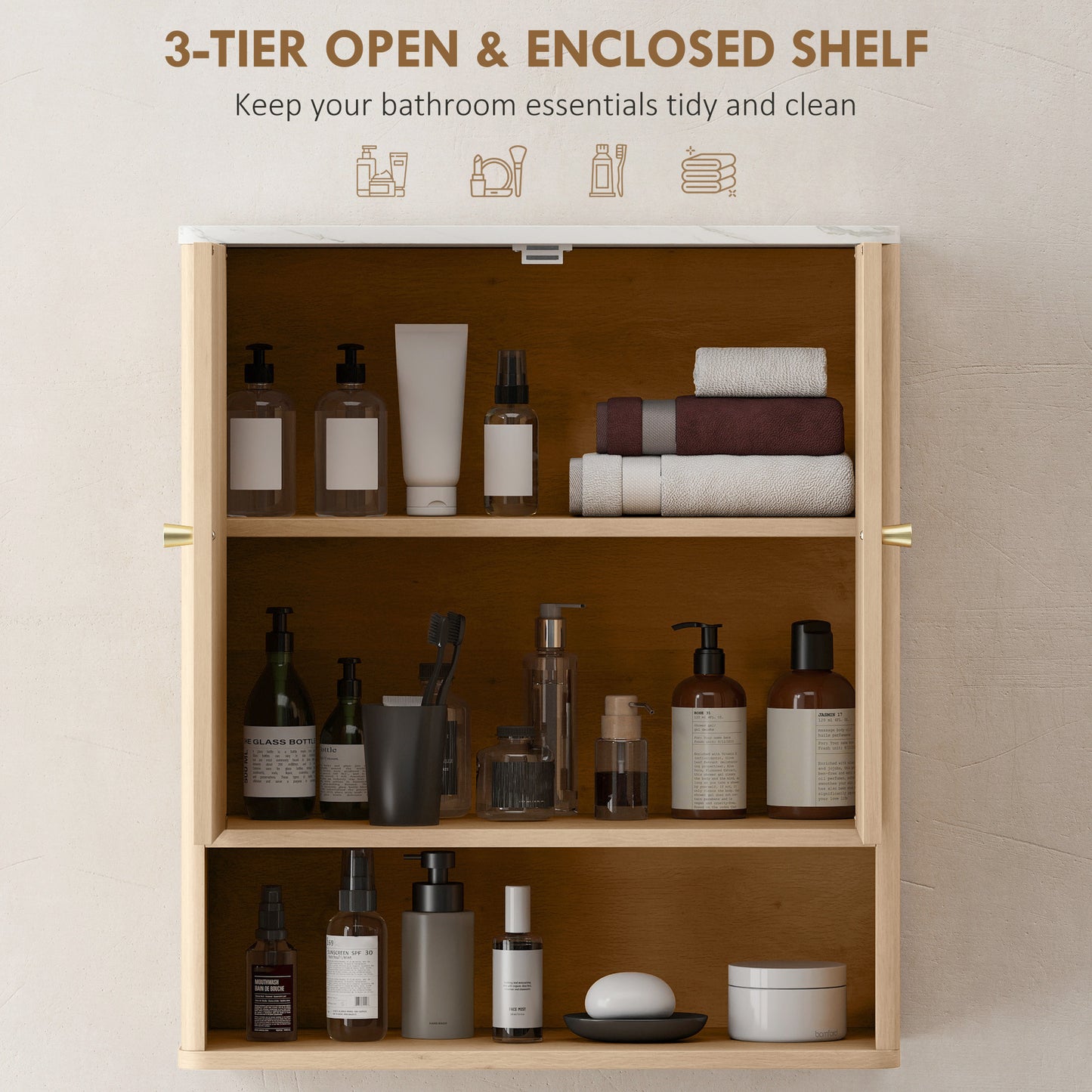 Bathroom Wall Cabinet with Adjustable Shelf and Open Shelf, Oak