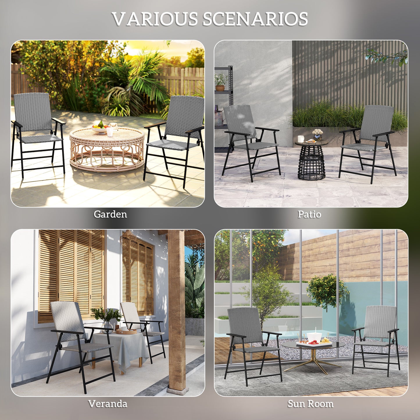 2pcs Rattan Chair Foldable Garden Furniture w/ Armrest Grey