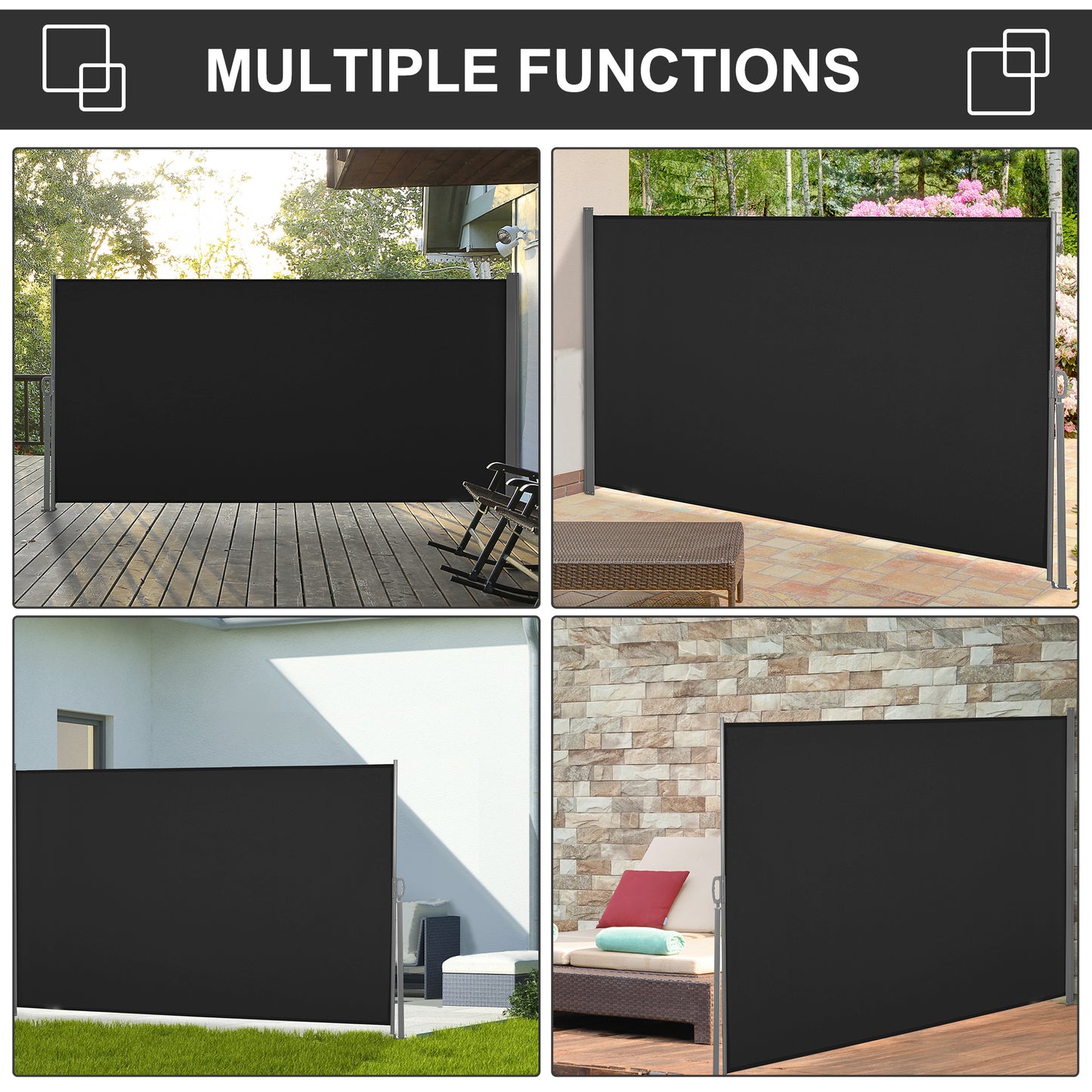 Retractable Side Awning Screen Fence Patio Garden Wall Balcony Screening Panel Outdoor Blind Privacy Divider (3x1.6M, Black)