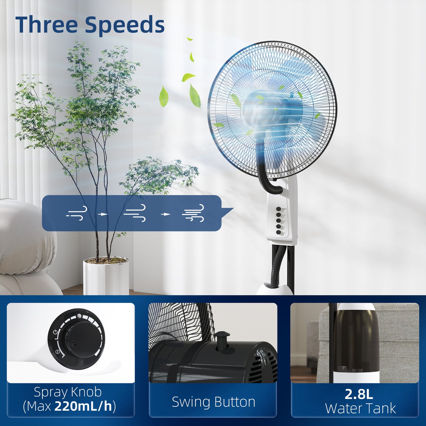 Spray Misting Fan, Floor Fan with Water Mist Spray and 3 Speeds
