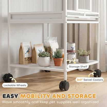 Detachable Bird Cage on Wheels, for Finches, Parakeets, Budgies, Budgie Cage, Parrot Aviary with Accessories, Storage Shelf - White
