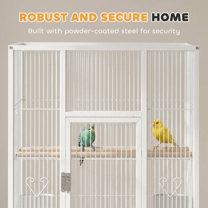 Detachable Bird Cage on Wheels, for Finches, Parakeets, Budgies, Budgie Cage, Parrot Aviary with Accessories, Storage Shelf - White