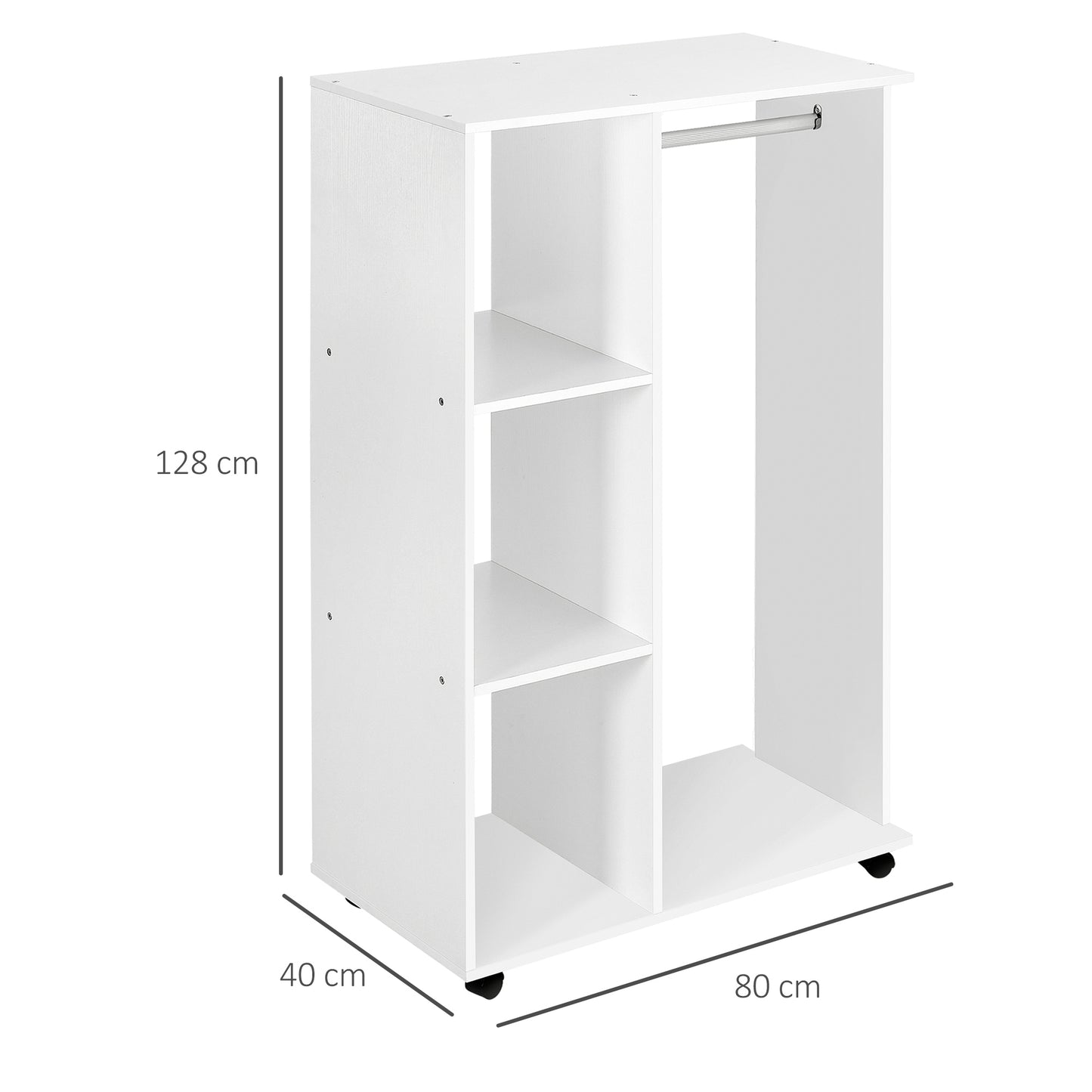 Rolling Open Wardrobe Hanging Rail Storage Shelves for Clothes, White