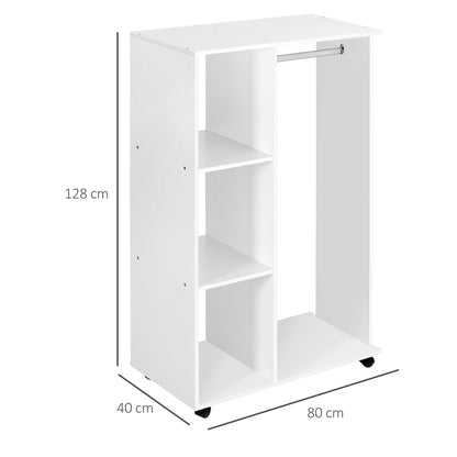 Rolling Open Wardrobe Hanging Rail Storage Shelves for Clothes, White