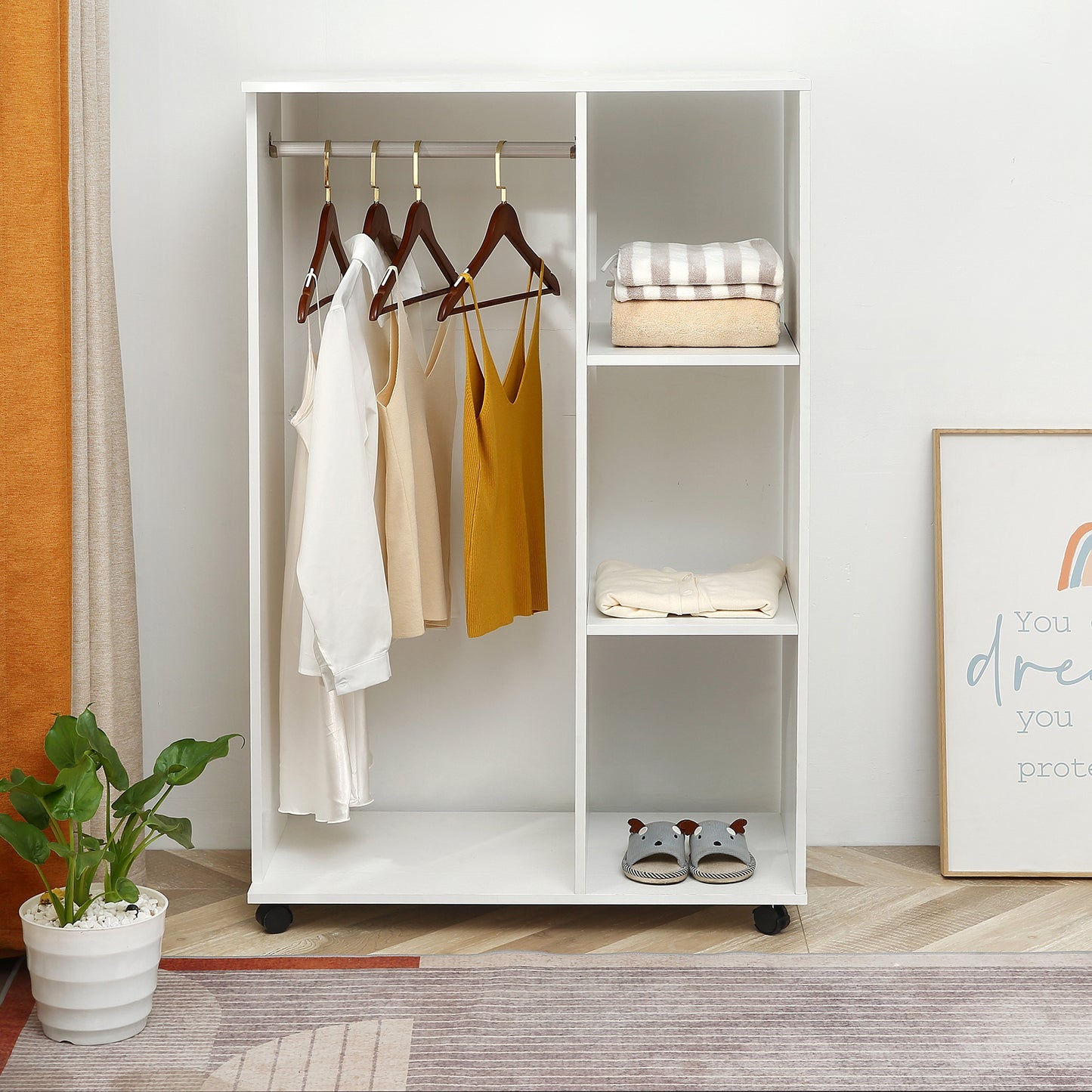 Rolling Open Wardrobe Hanging Rail Storage Shelves for Clothes, White
