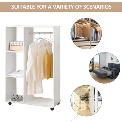 Rolling Open Wardrobe Hanging Rail Storage Shelves for Clothes, White