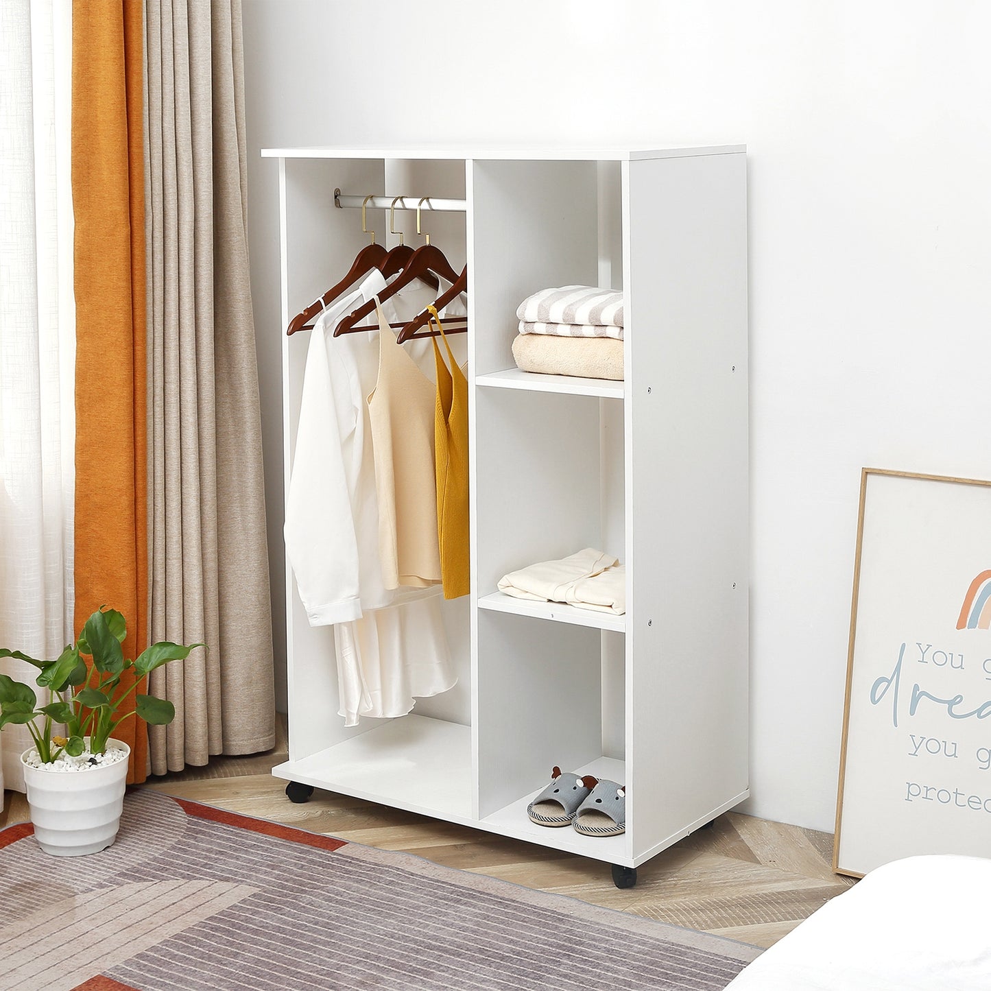 Rolling Open Wardrobe Hanging Rail Storage Shelves for Clothes, White
