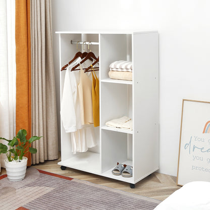 Rolling Open Wardrobe Hanging Rail Storage Shelves for Clothes, White