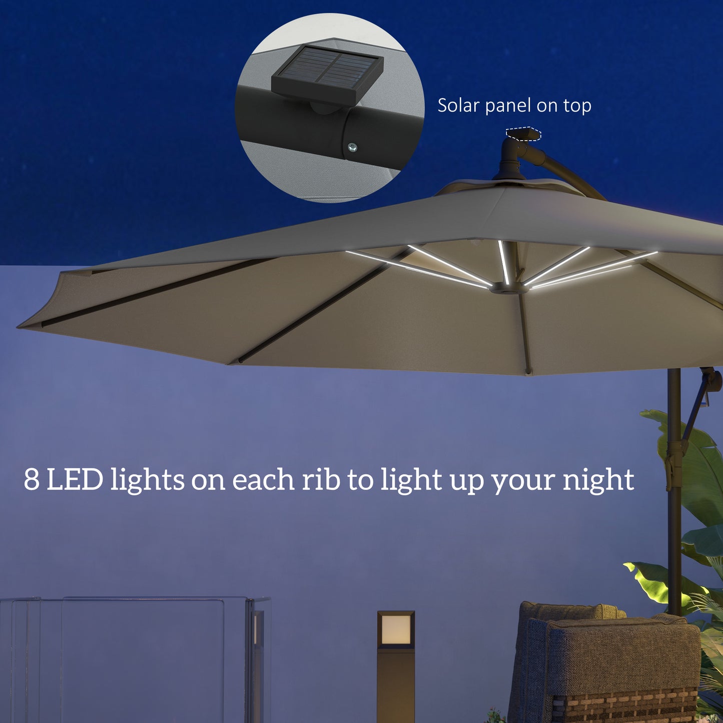 3(m) LED Patio Banana Umbrella Cantilever Parasol w/ Crank, Grey