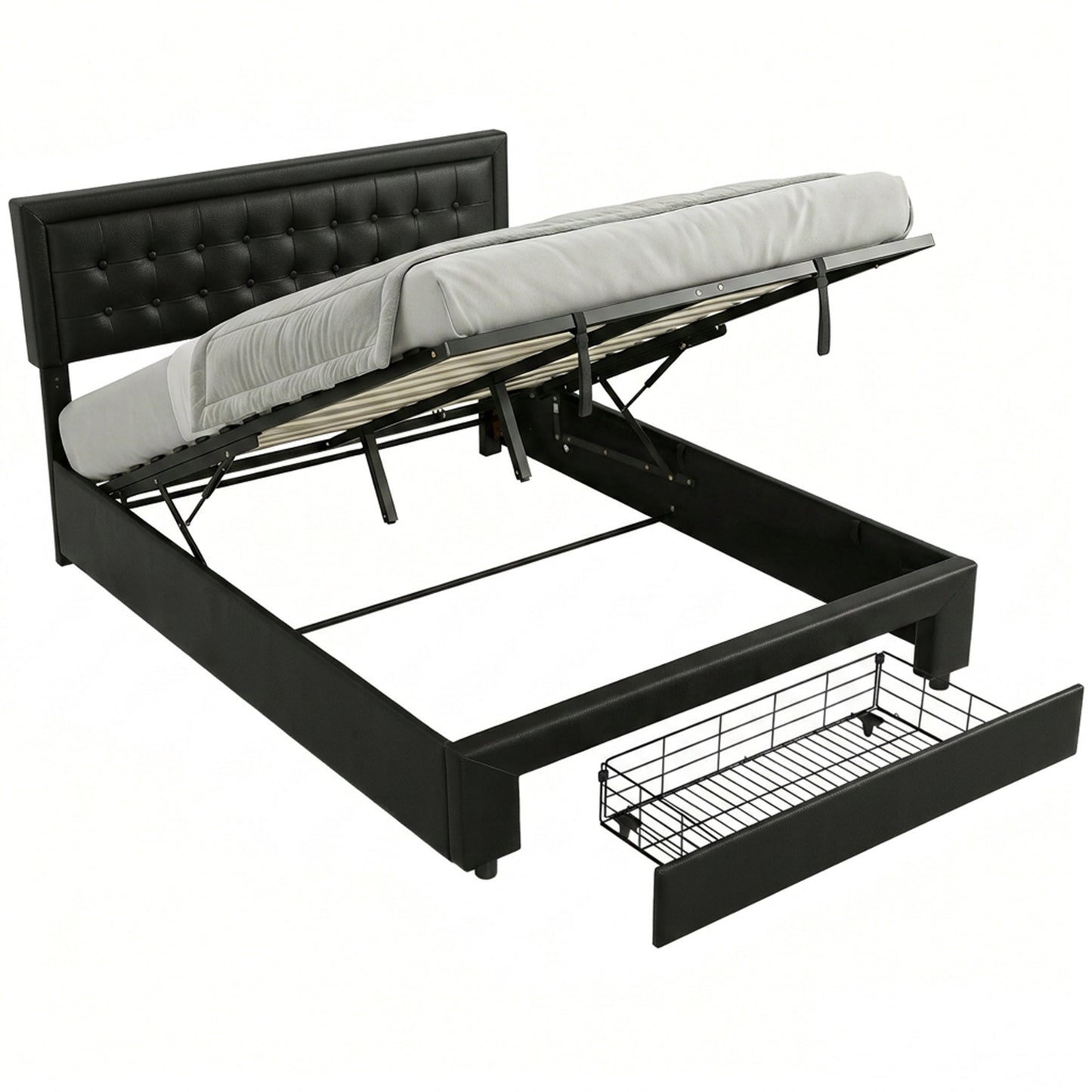 Upholstered Bed Frame with Storage Drawer and Adjustable Headboard, 5ft King Size Ottoman Bed with Gas Lift End Opening, Wooden Slats, No Mattress, Black