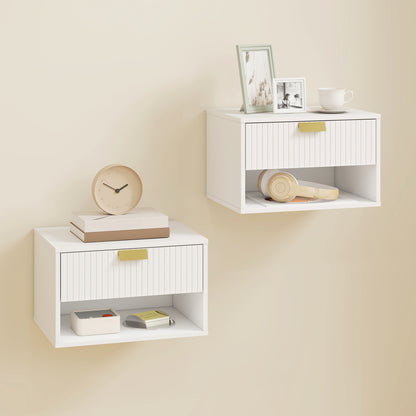 Floating Bedside Tables Set of 2 with Fluted Drawer Open Shelf White