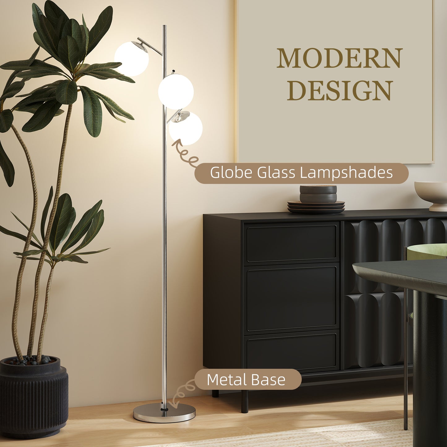 Modern Tree Floor Lamp with 3 Light, for Living Room Bedroom, Silver