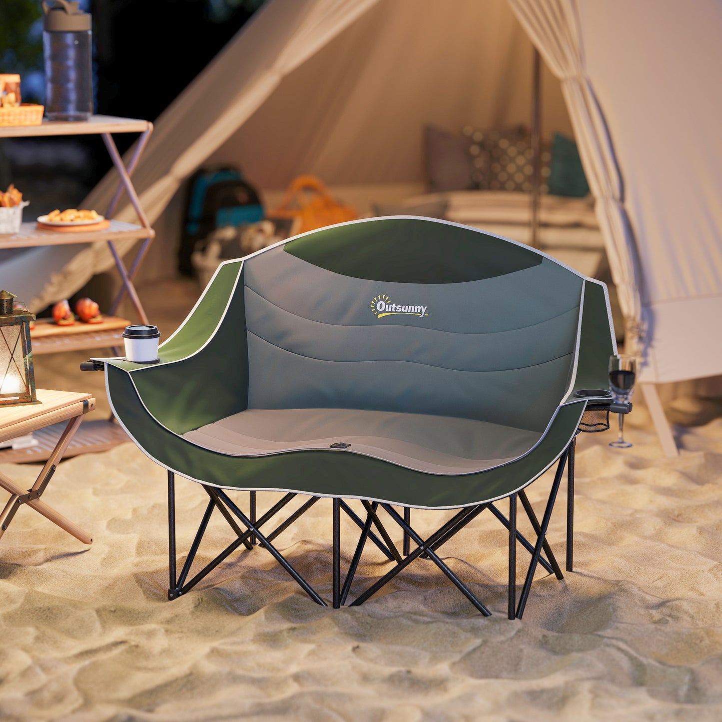 Double Camping Chair for Adults with Armrests, Cup Holders, Green