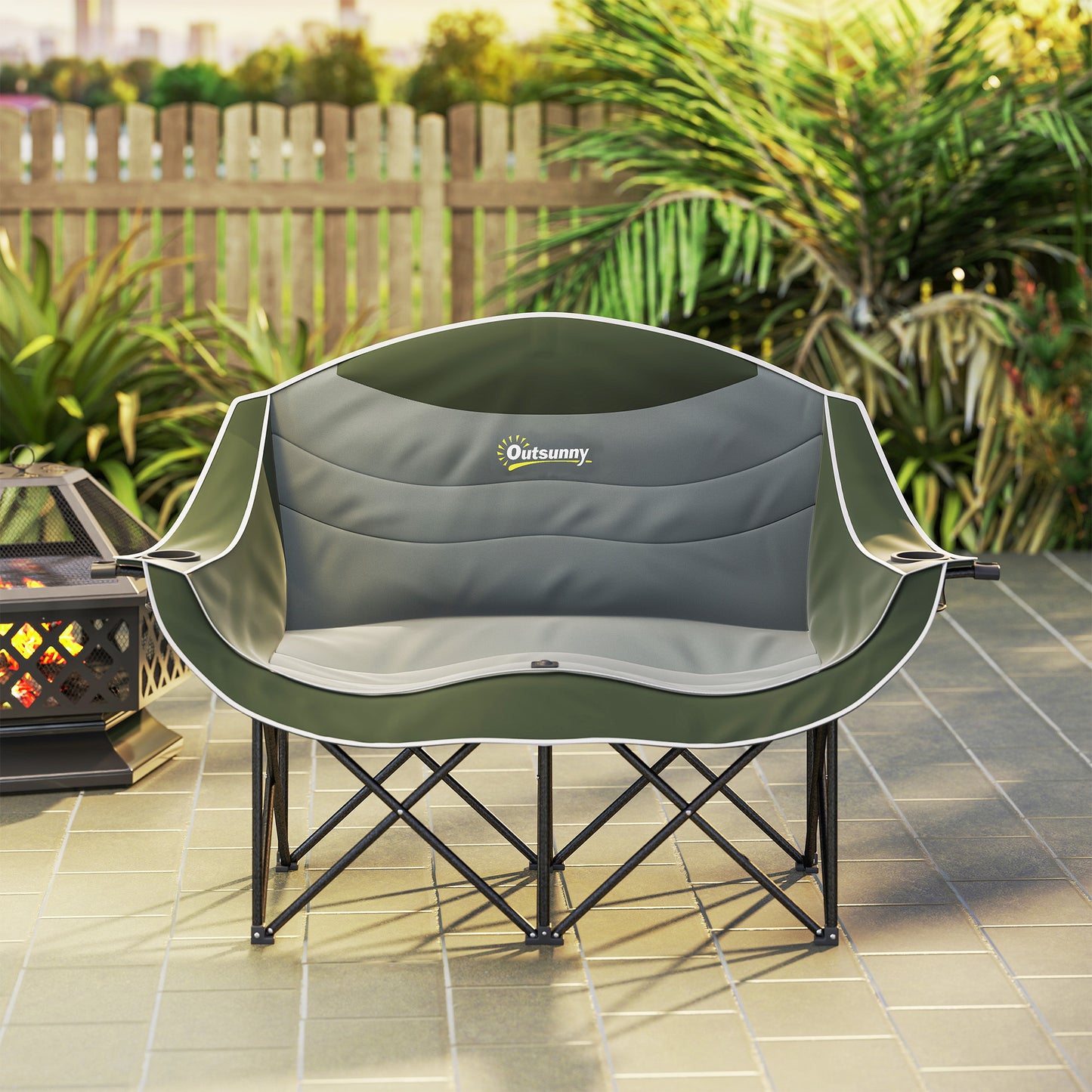 Double Camping Chair for Adults with Armrests, Cup Holders, Green