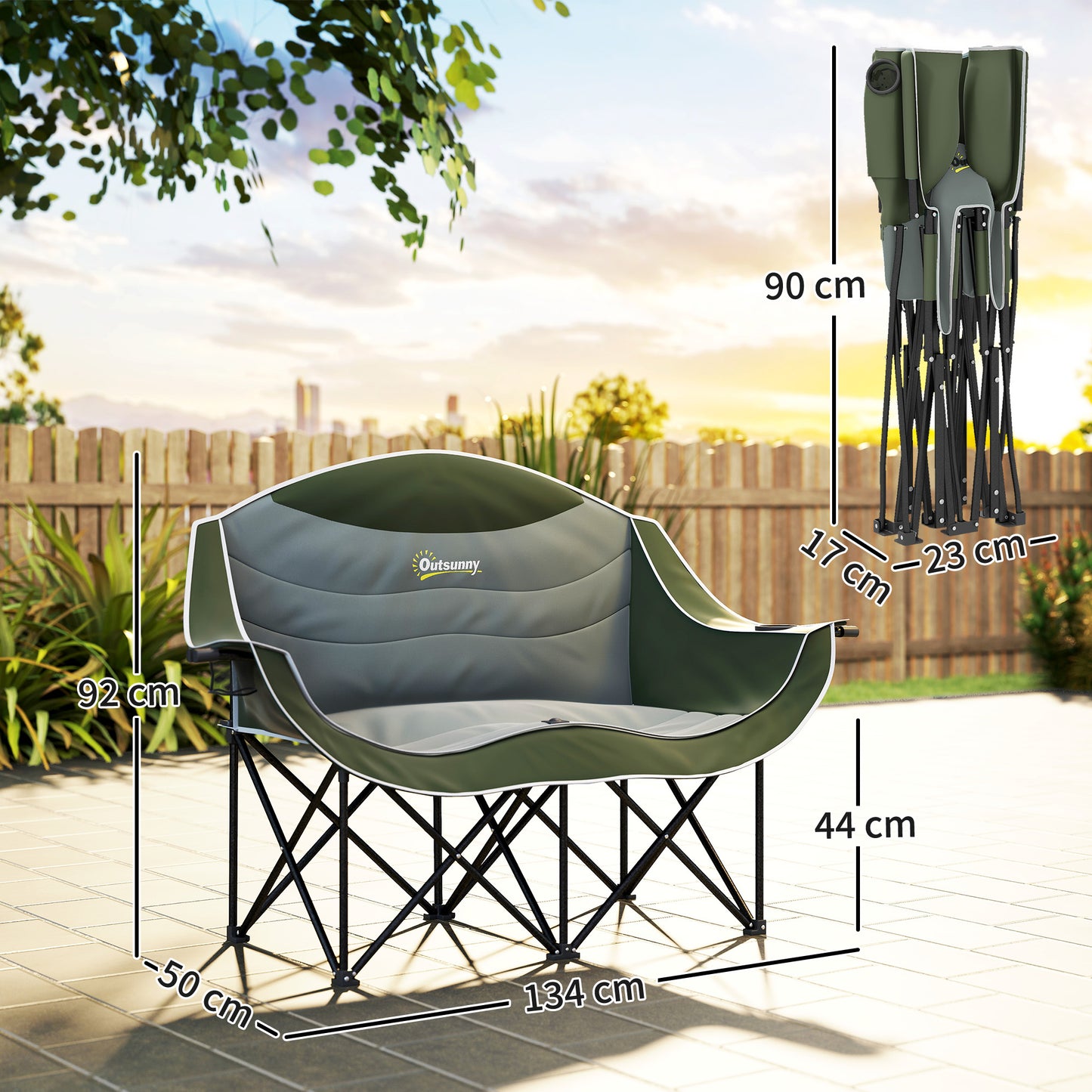 Double Camping Chair for Adults with Armrests, Cup Holders, Green