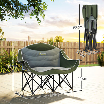 Double Camping Chair for Adults with Armrests, Cup Holders, Green