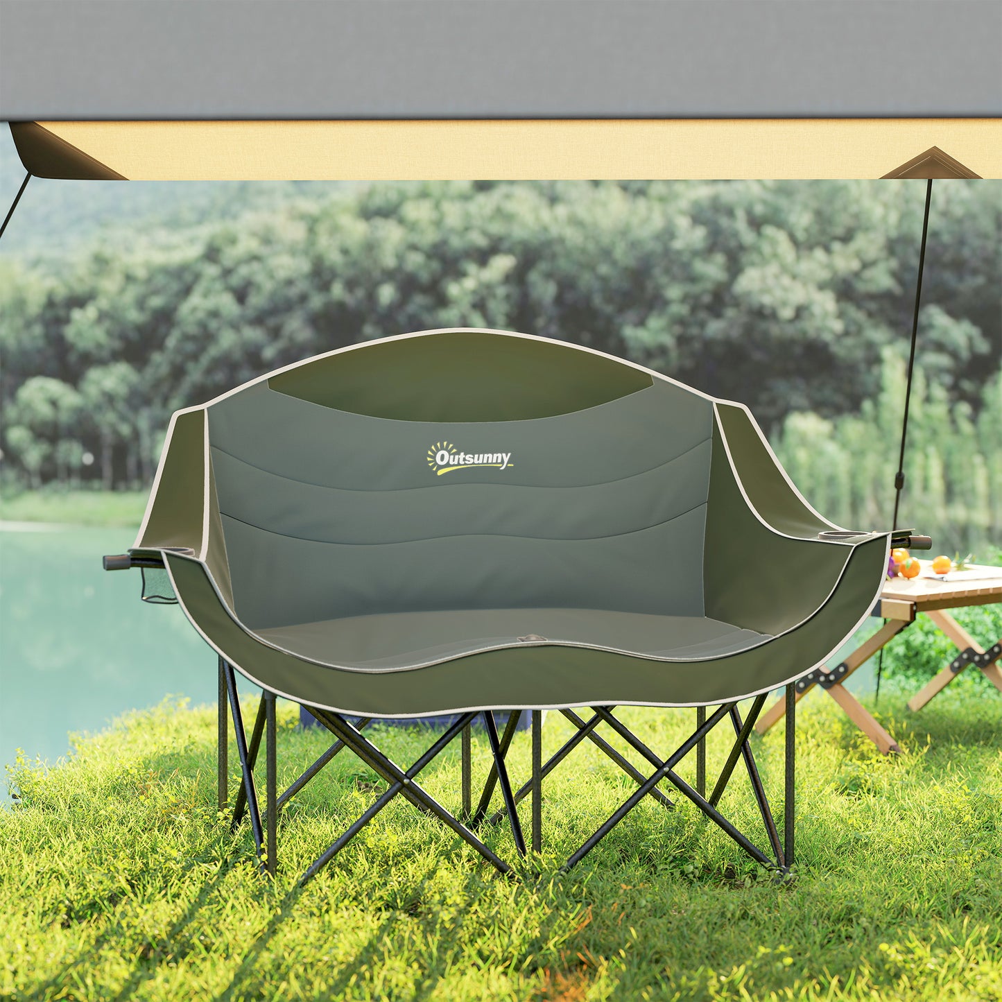 Double Camping Chair for Adults with Armrests, Cup Holders, Green