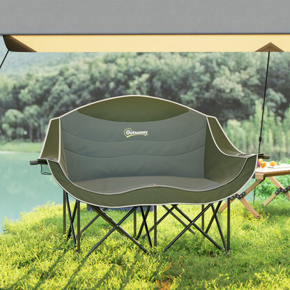 Double Camping Chair for Adults with Armrests, Cup Holders, Green
