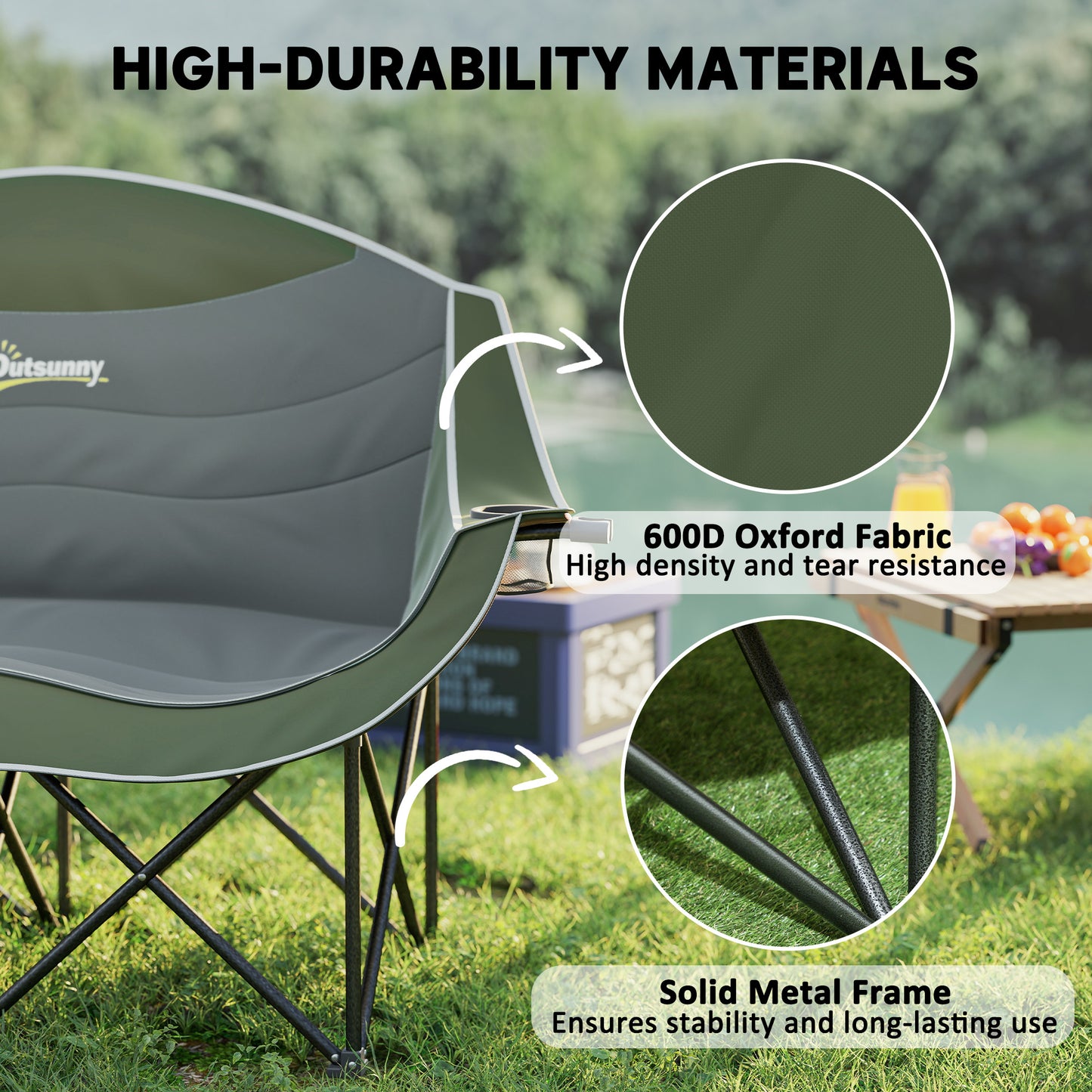 Double Camping Chair for Adults with Armrests, Cup Holders, Green