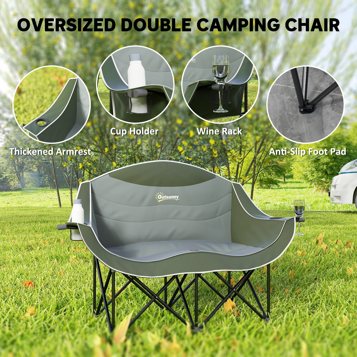 Double Camping Chair for Adults with Armrests, Cup Holders, Green