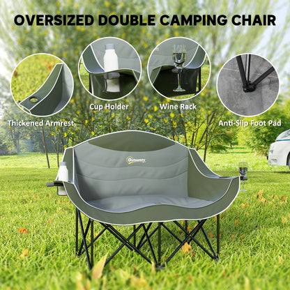 Double Camping Chair for Adults with Armrests, Cup Holders, Green