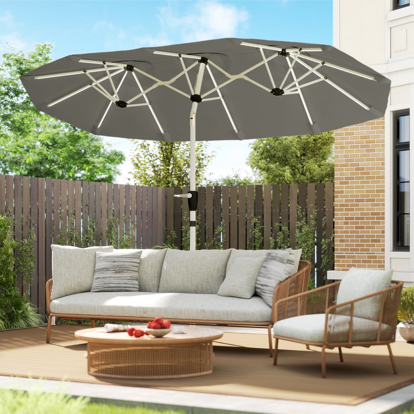 3 m Double-Sided Garden Parasol with Solar Lights, Grey