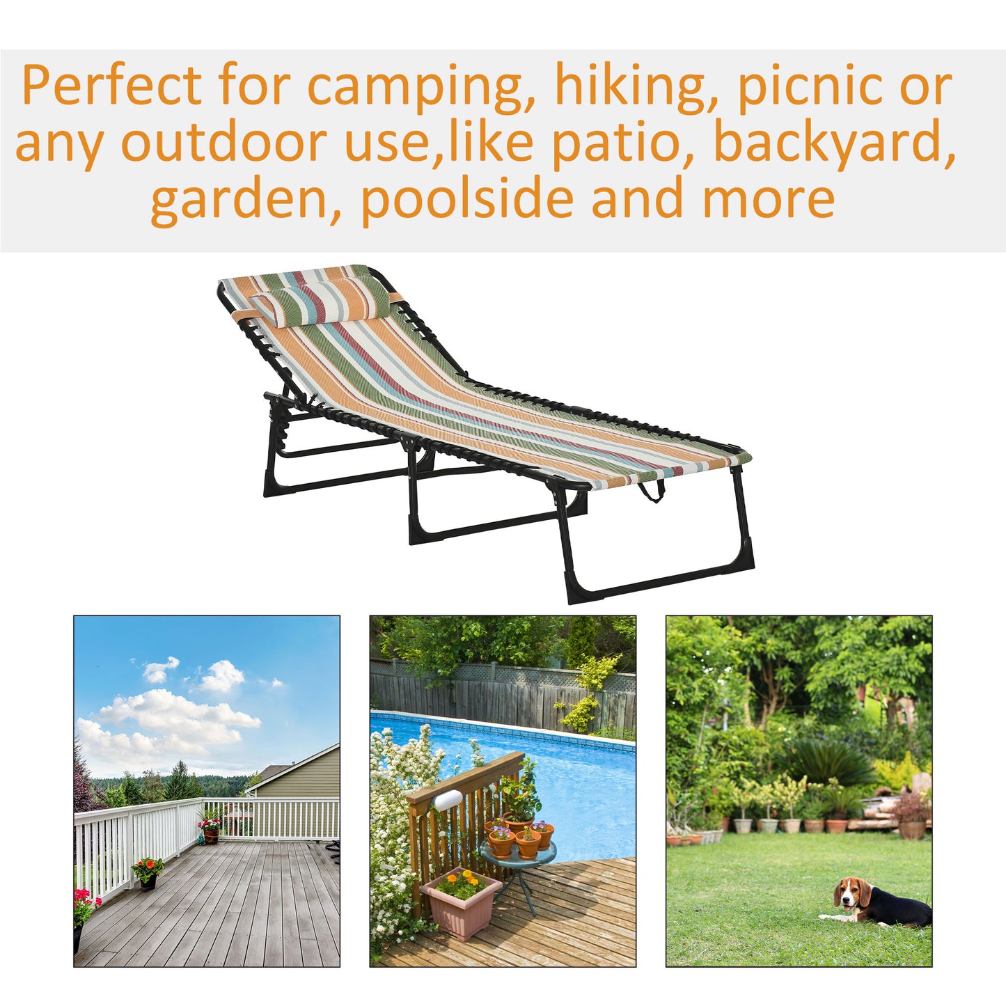 Folding Beach Chair Chaise Lounge 4 Adjustable Positions, Multicolored