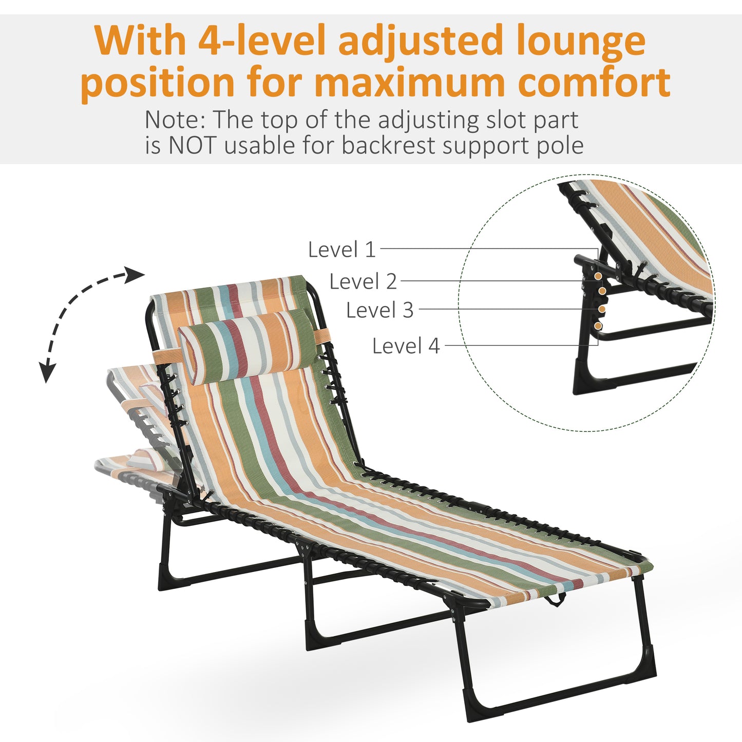Folding Beach Chair Chaise Lounge 4 Adjustable Positions, Multicolored