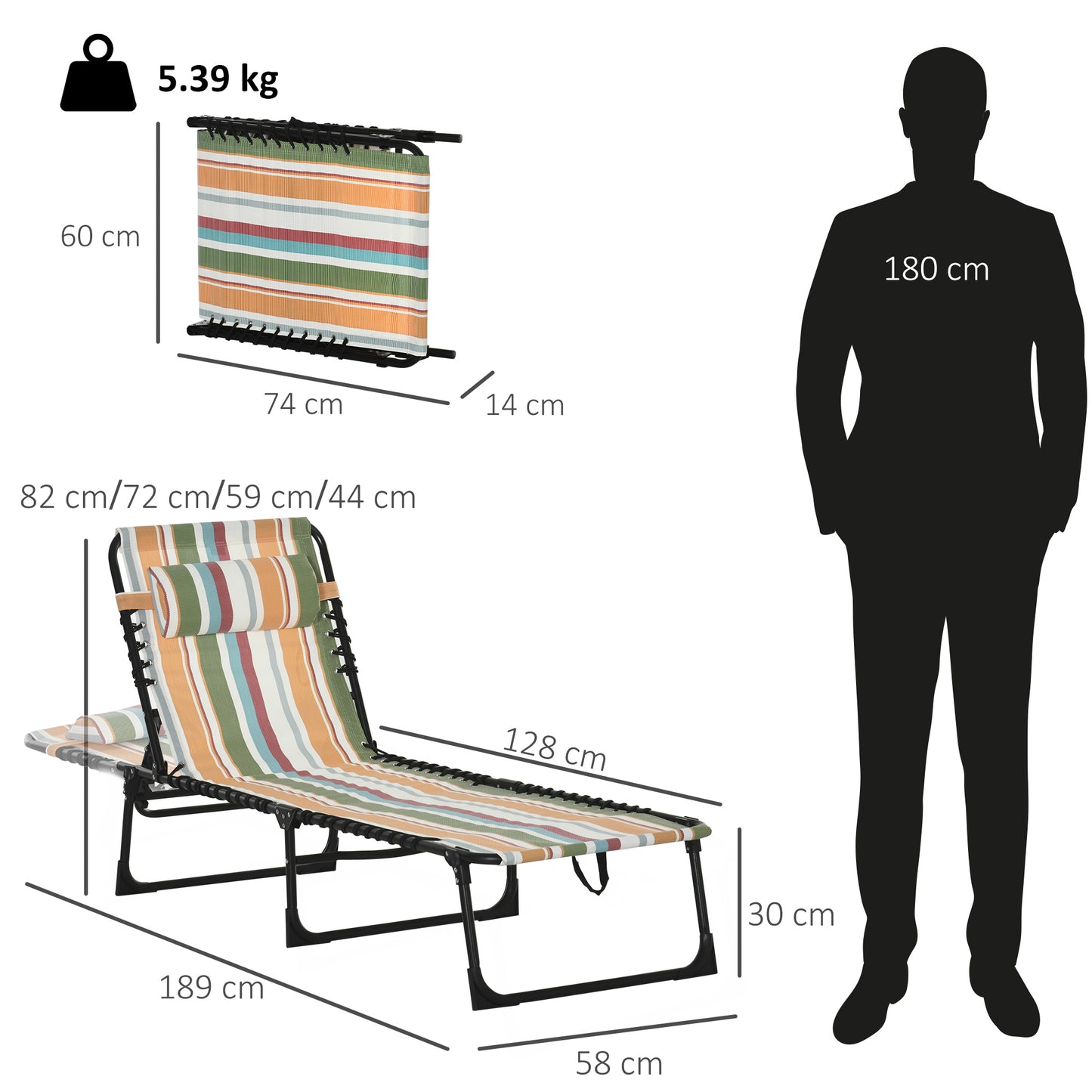 Folding Beach Chair Chaise Lounge 4 Adjustable Positions, Multicolored