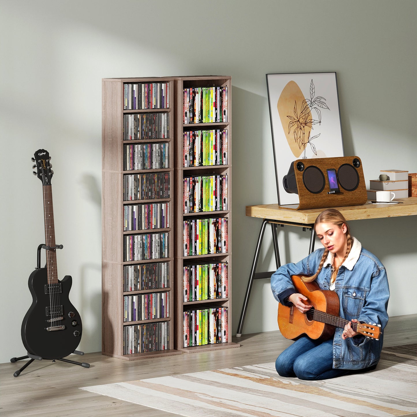260 CD Storage Unit 120 DVD Storage Tower with 9 Compartments Natural