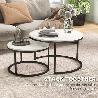 2 Pcs Stacking Coffee Table Set Steel Frame Marble-Effect Top Foot Pads