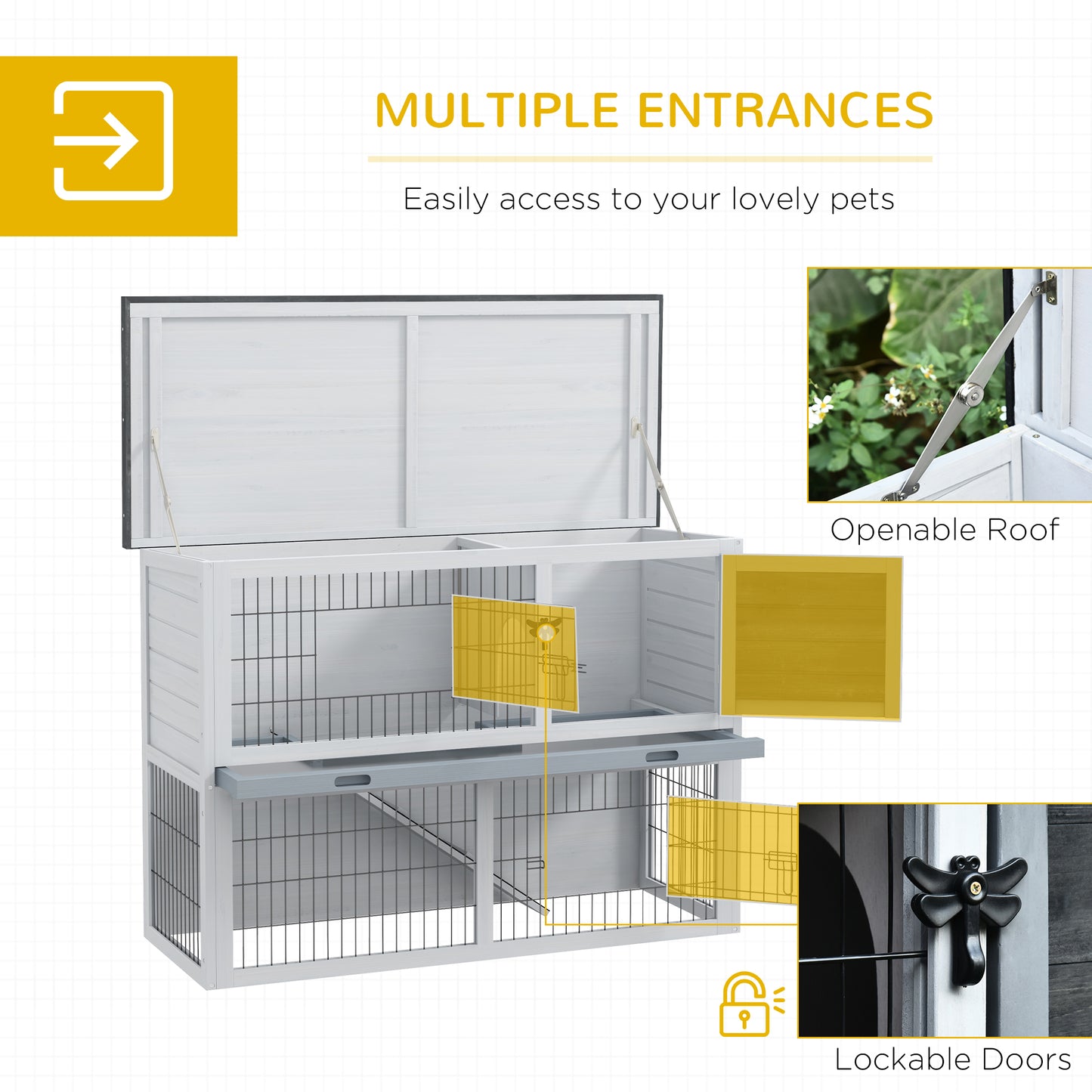 Rabbit Hutch w/ Removable Tray Openable Top for Indoors & Outdoors Grey