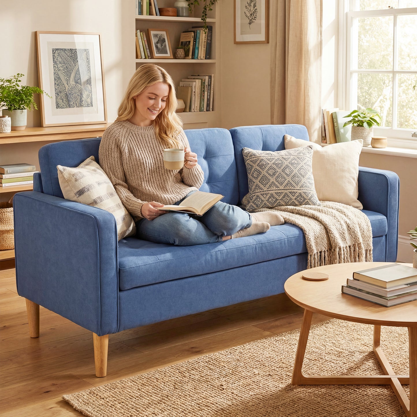Modern 3 Seater Sofa with Hidden Storage and Rubber Wood Legs, Blue