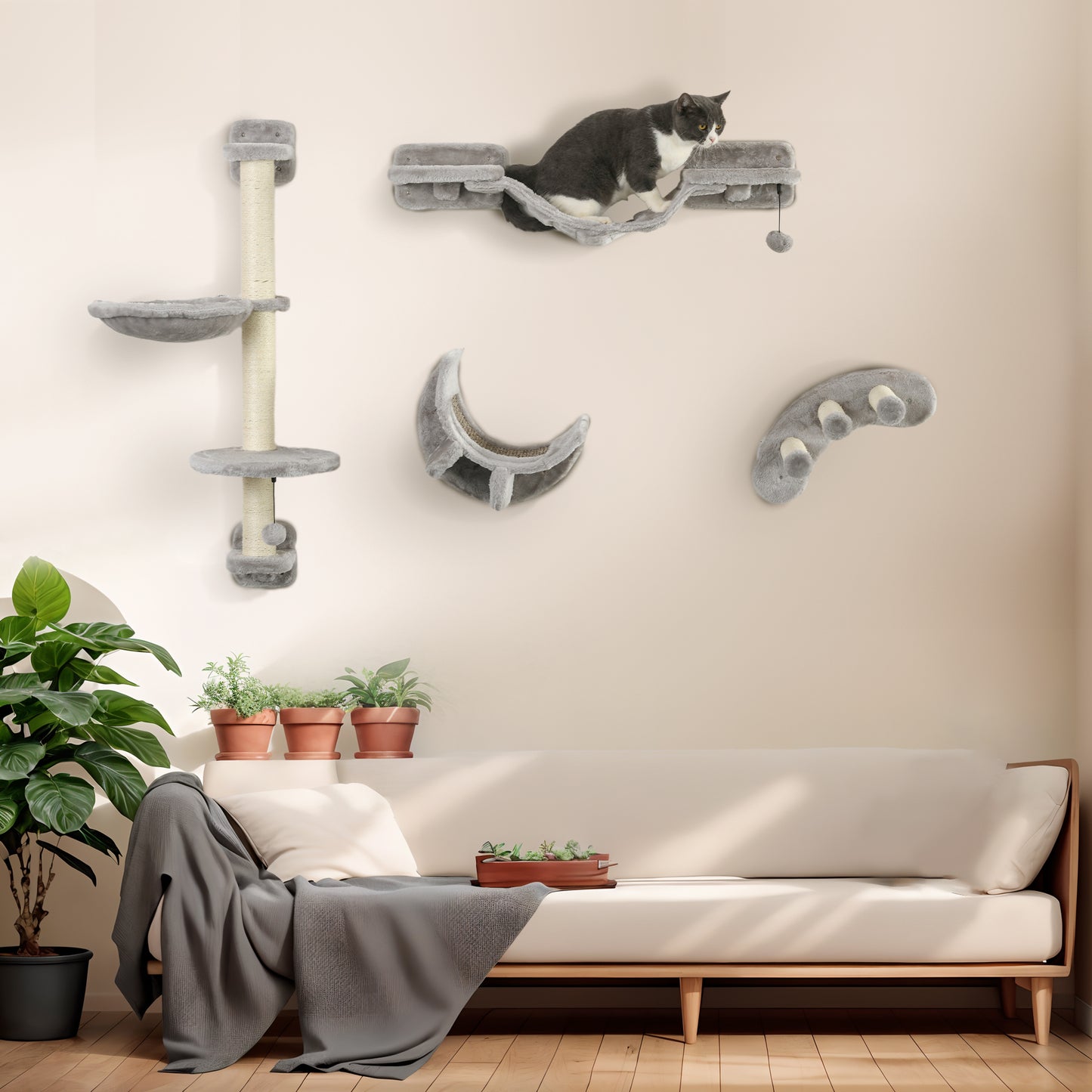 Four-Piece Cat Wall Furniture w/ Hammock, Ladder, Platforms, Steps - Grey