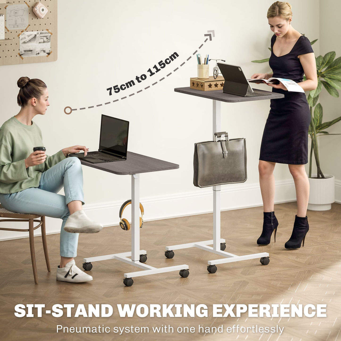 Standing Desk Mobile Overbed Table w/ Wheels for Home Office Grey