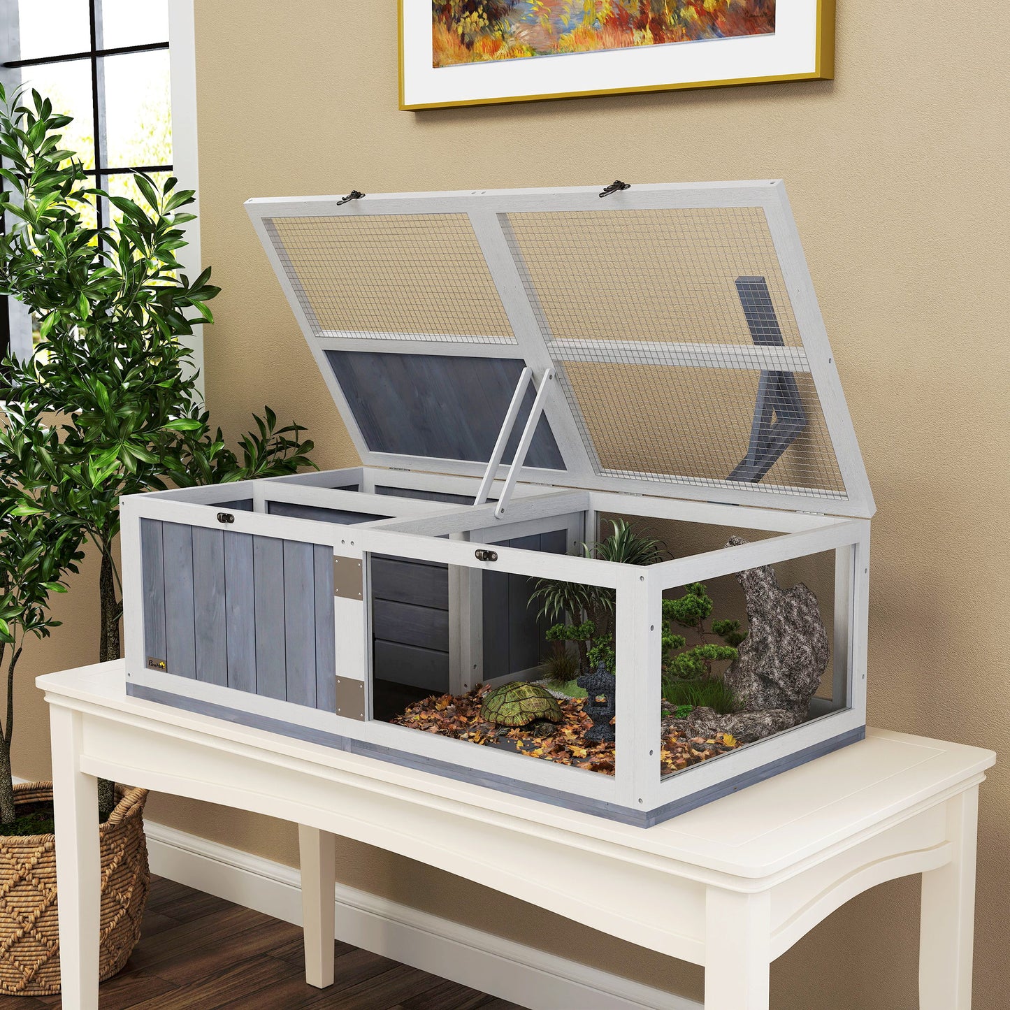 Wooden Tortoise House with Lamp Holder, Clear Windows